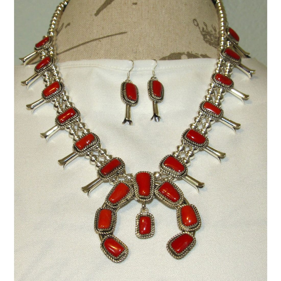 Navajo Mediterranean Coral Squash Blossom Necklace &