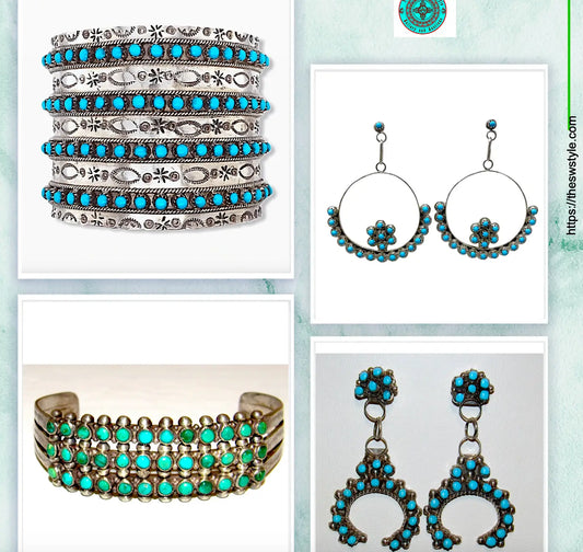 Collection of Zuni snake-eye turquoise jewelry including bracelets and earrings with turquoise stones