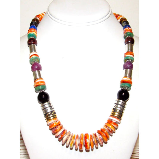 Navajo Tommy Singer Orange Spiny Heishi Necklace Sterling Silver 12K Gold 20"