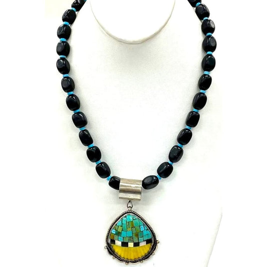 Joseph Tenorio Santo Domingo onyx necklace with black beads and colorful mosaic pendant