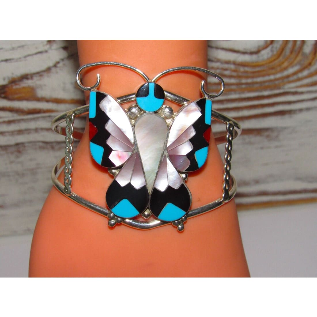 Massive Zuni Inlay Butterfly Cuff Bracelet Sterling Silver