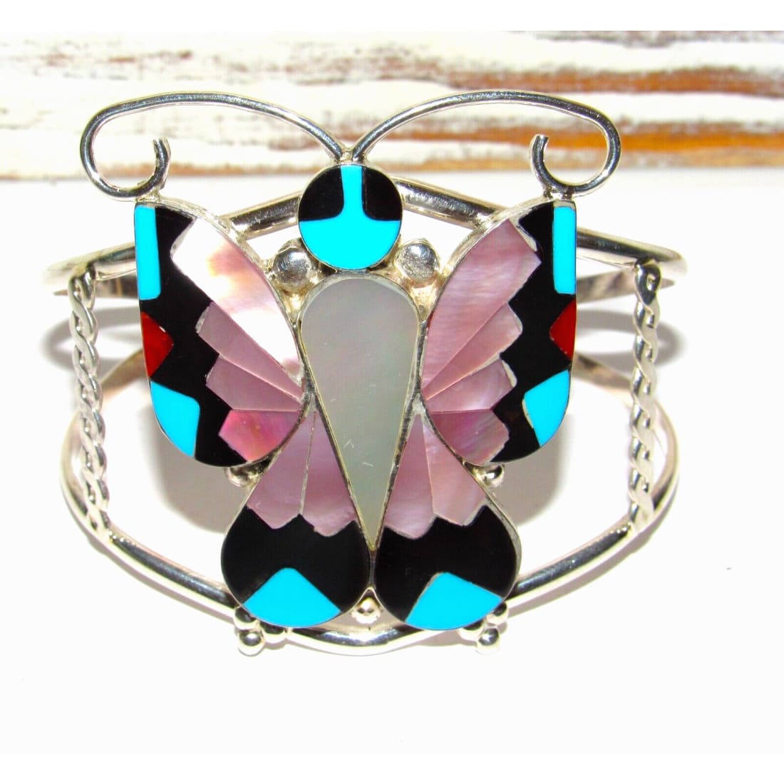 Massive Zuni Inlay Butterfly Cuff Bracelet Sterling Silver