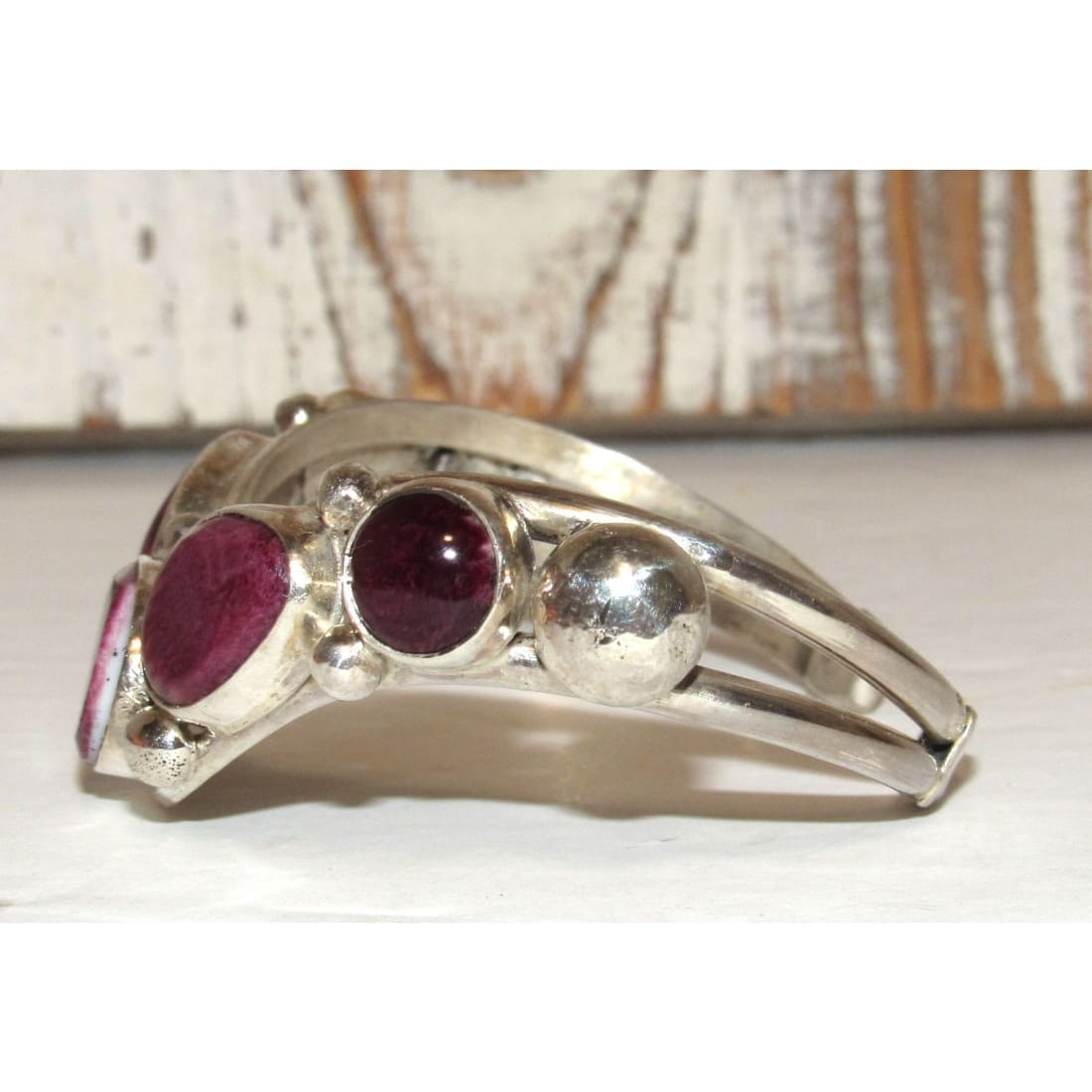 Native American Davida Lister Purple Spiny Bracelet featuring silver setting with purple stones