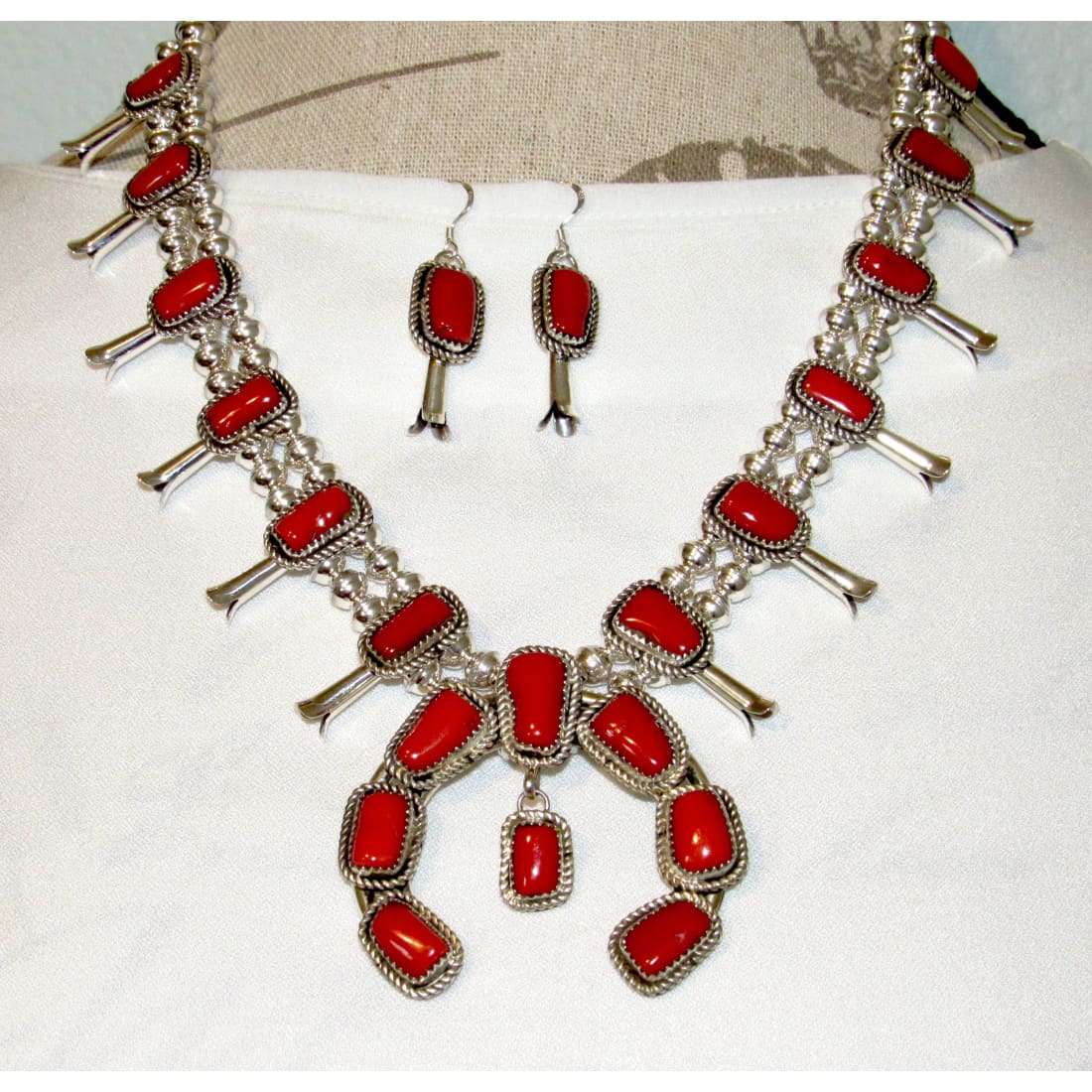Navajo Mediterranean Coral Squash Blossom Necklace &