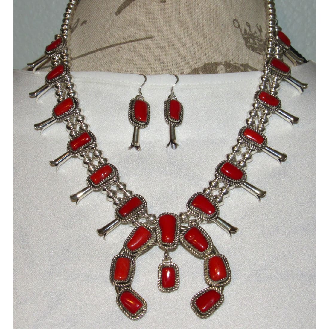 Navajo Mediterranean Coral Squash Blossom Necklace &