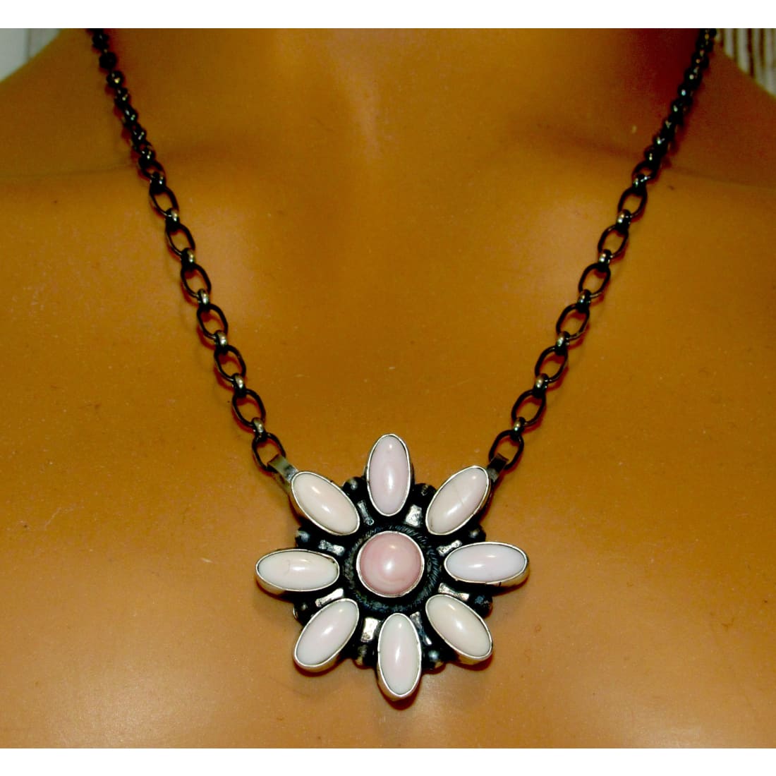 Navajo Pink Conch Cluster Bar Necklace Sterling Silver B.