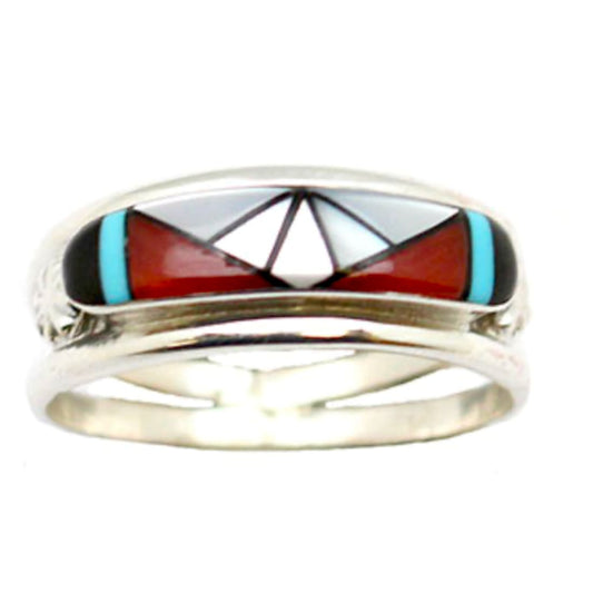 Zuni Coral Turquoise Inlay Band Ring Size 8 Janice Cheama