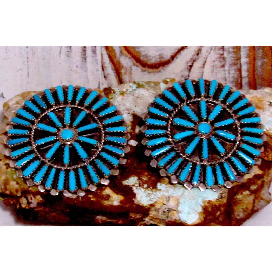 Southwestern Deals Zuni petit point turquoise earrings with intricate circular turquoise inlay design