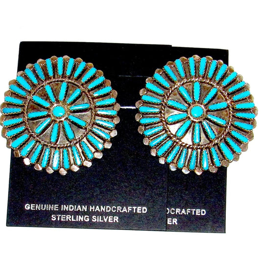 Southwestern Deals Zuni petit point turquoise earrings handcrafted with sterling silver floral design