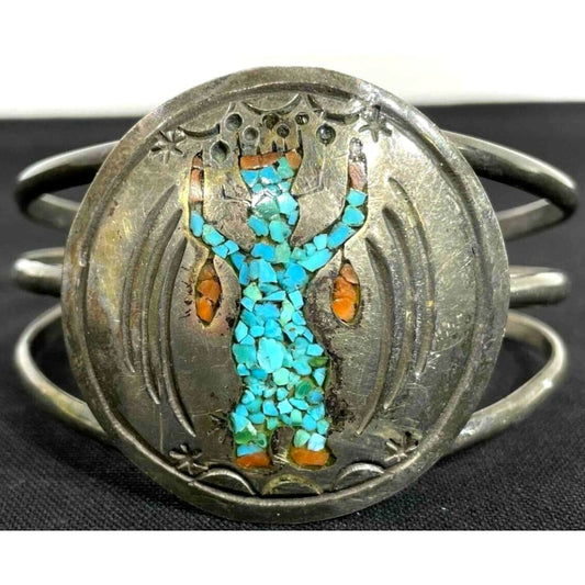 Vintage Navajo Turquoise Coral Kachina Bracelet Sterling 